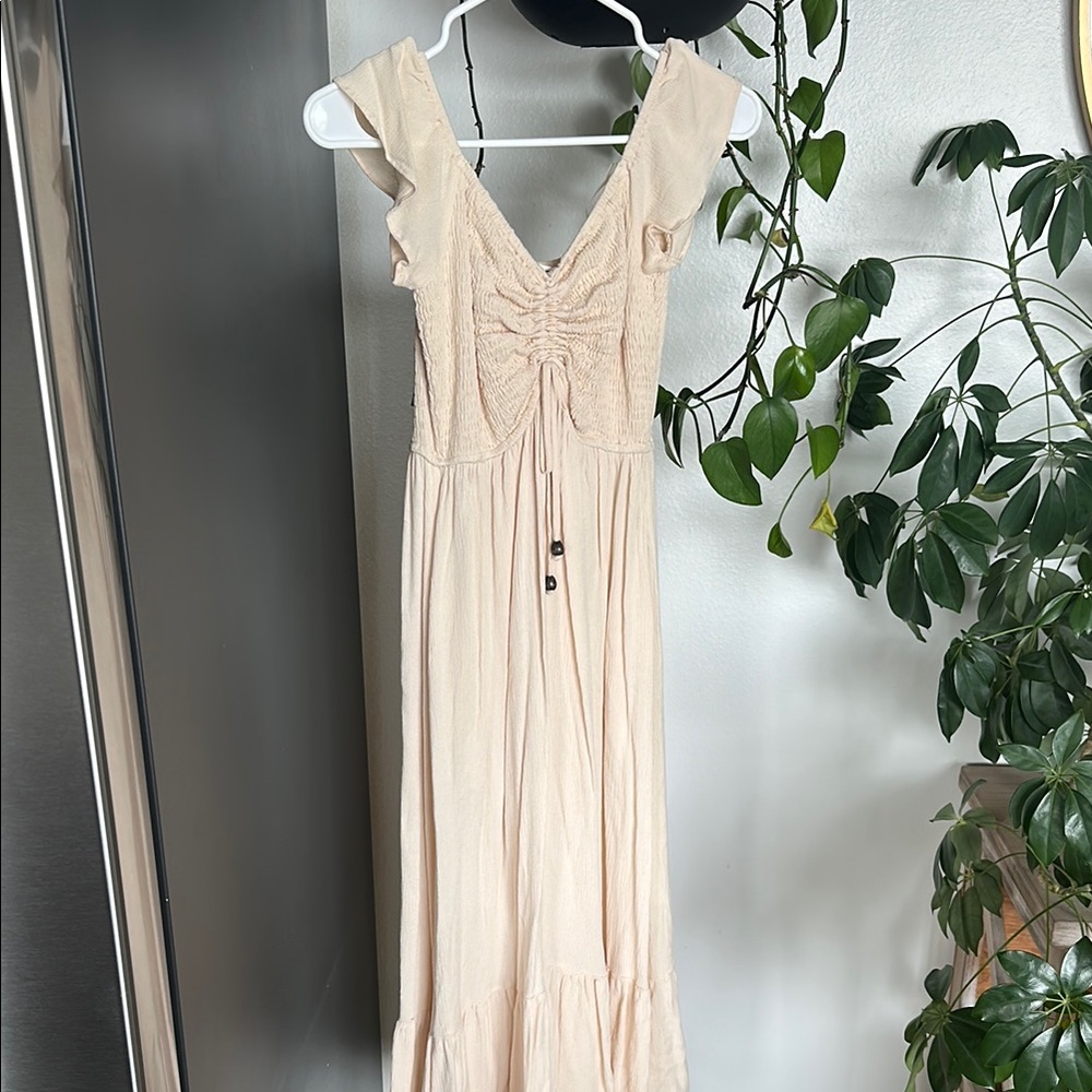 Cream Maxi Sundress with V-Neck and Flutter Sleeves